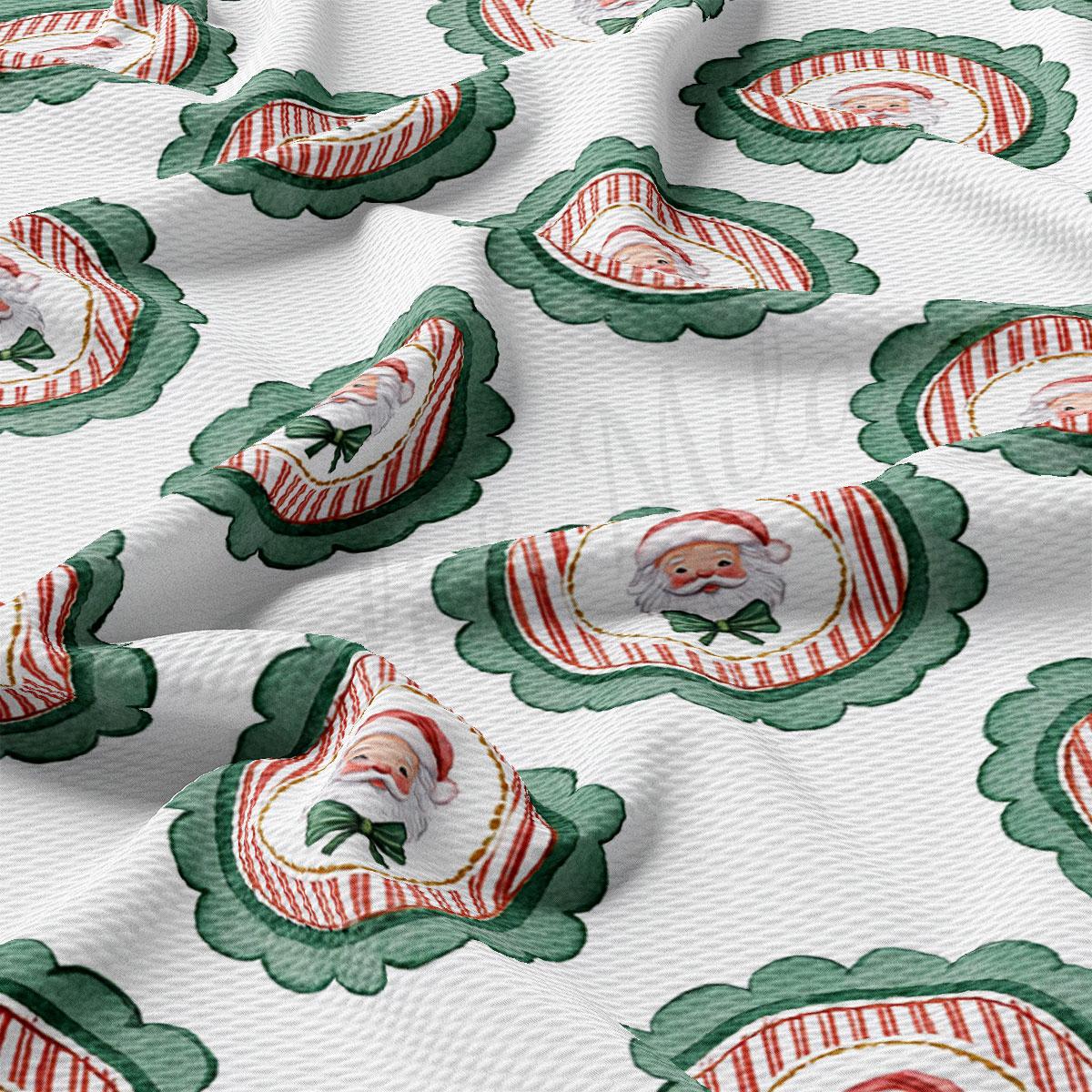 a repeating pattern of Santa Claus and green leaves on a white background.