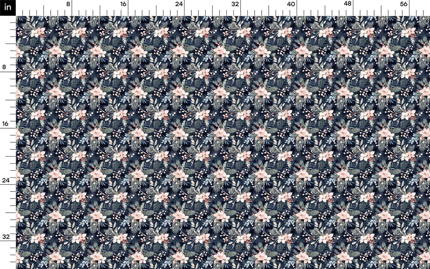 The image is a repeating pattern of a dark blue background with white and pink flowers and leaves. The pattern is arranged in a grid-like fashion, creating a visually appealing and intricate design.