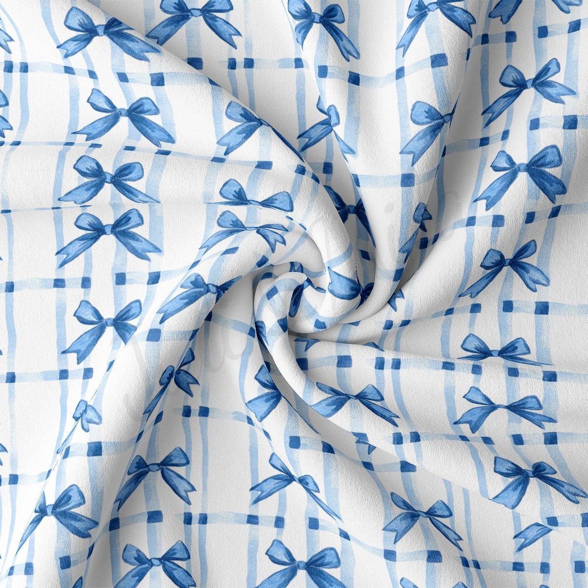 a blue and white checkered fabric with bows
