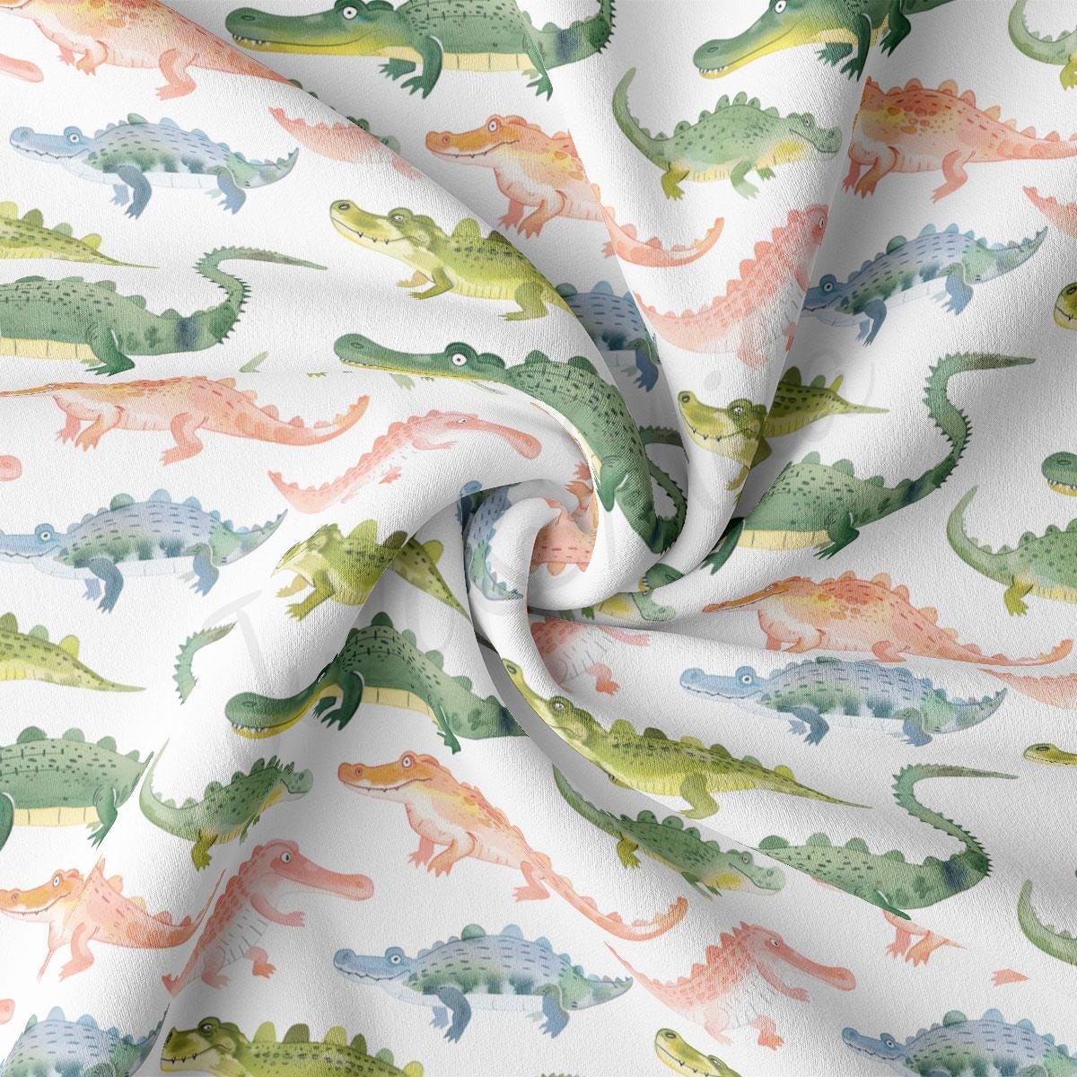 a close up of a white fabric with green and orange alligators on it