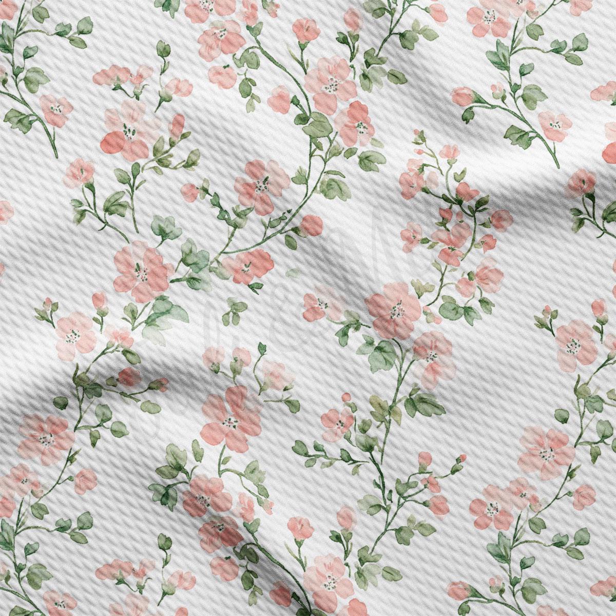 a repeating pattern of pink flowers with green leaves on a white background.