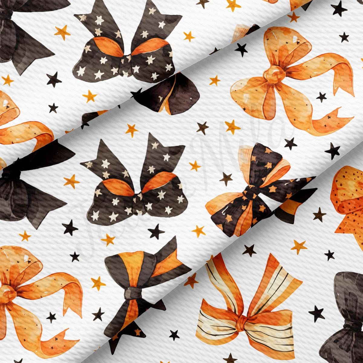 a repeating pattern of black and orange bows against a white background, with scattered stars throughout the design.