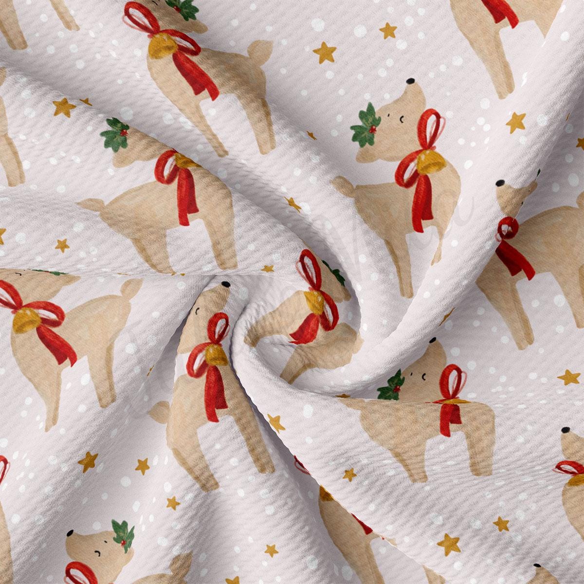 a repeating pattern of brown reindeer with red bows and gold bells, set against a snowy background with white stars.