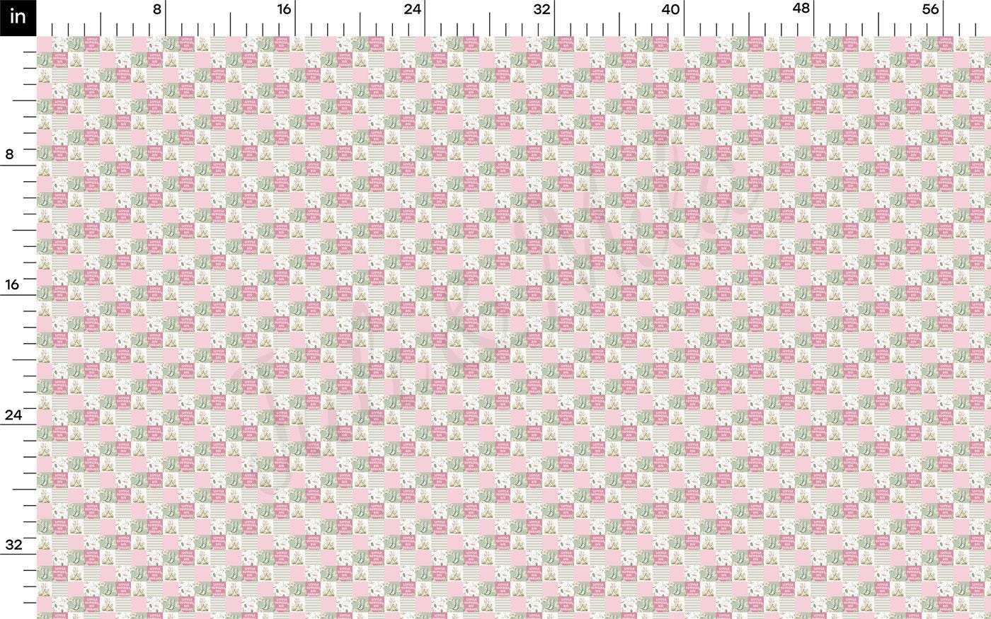 The image is a fabric with a repeating pattern of pink and green squares, with a grid-like arrangement. The fabric appears to be made of a soft, plush material.