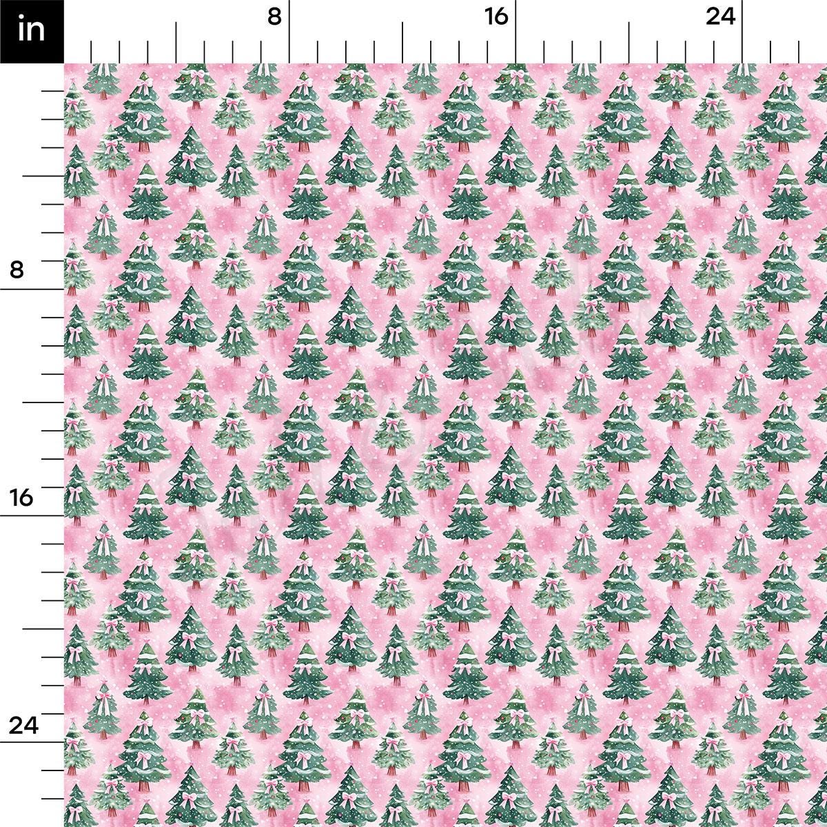 The image is a repeating pattern of green Christmas trees on a pink background, creating a festive and holiday-themed design.