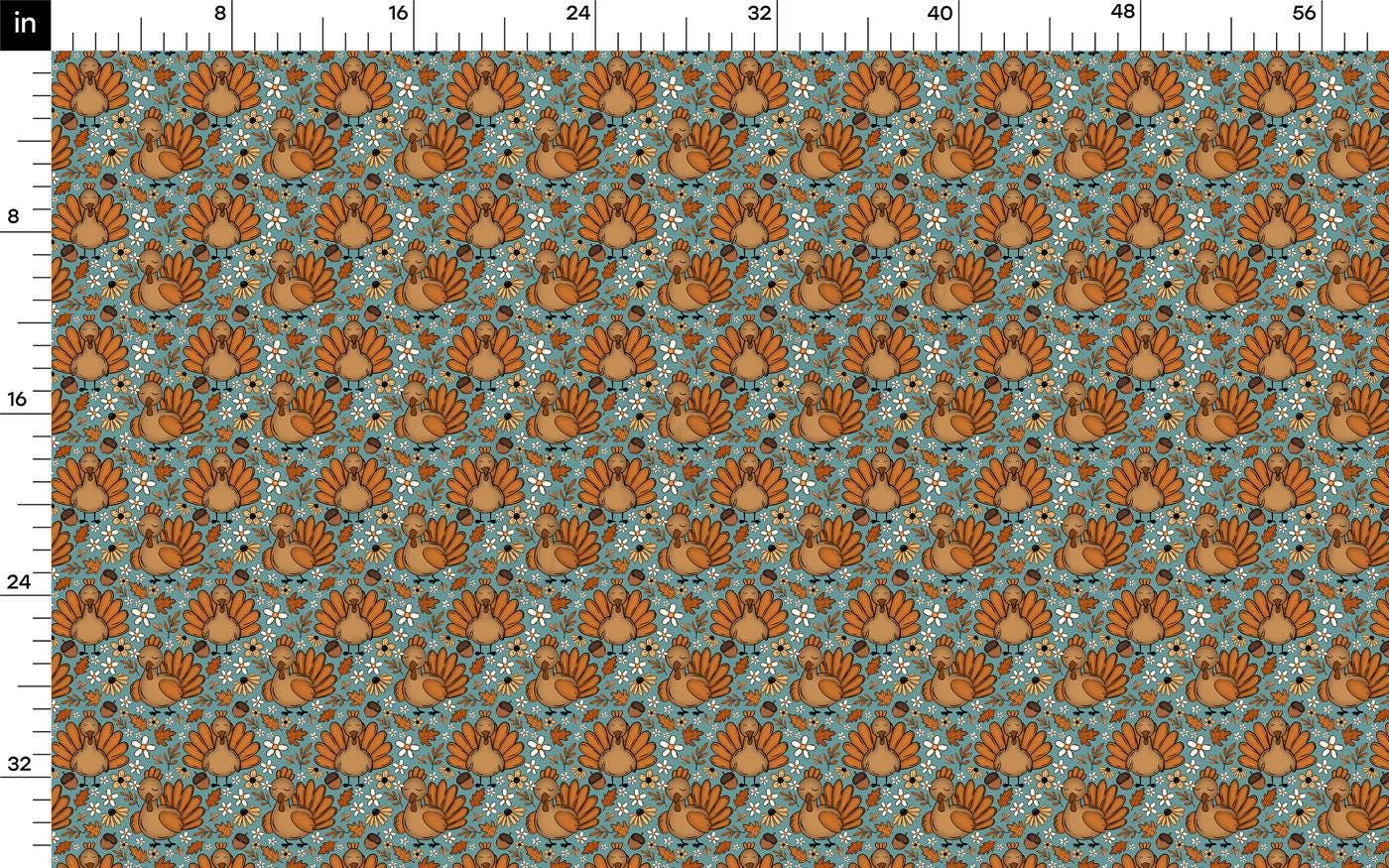 The image is a repeating pattern of brown turkeys on a blue background, with a grid-like arrangement of the turkeys and small white flowers.