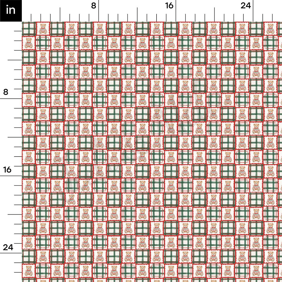 The image is a repeating pattern of a Christmas-themed design, featuring a teddy bear and a Christmas tree in a grid-like arrangement.