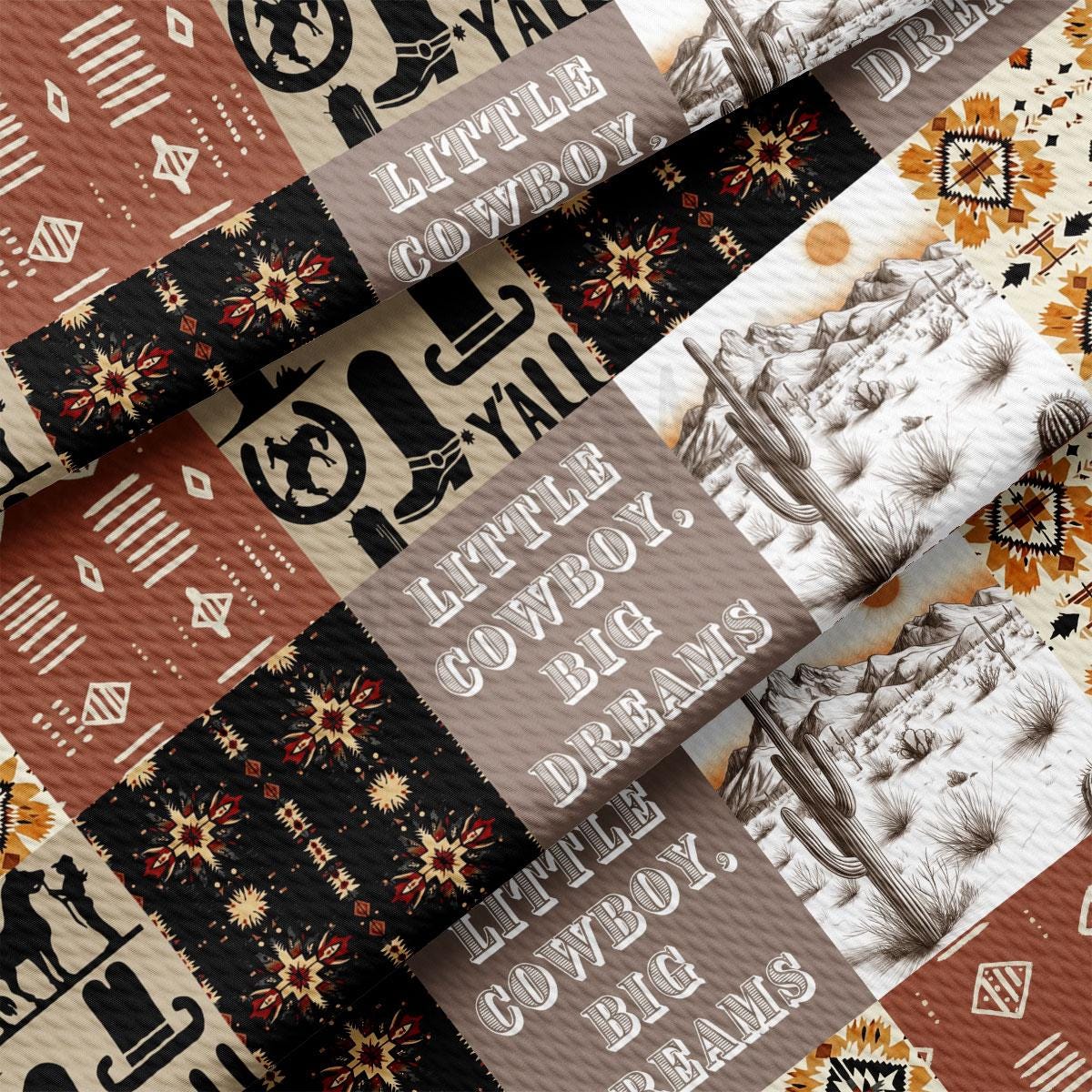 The image is a collage of various patterns and designs, including cowboy motifs, desert landscapes, and text. The collage appears to be a mix of different textures and colors, creating a visually interesting and diverse composition.