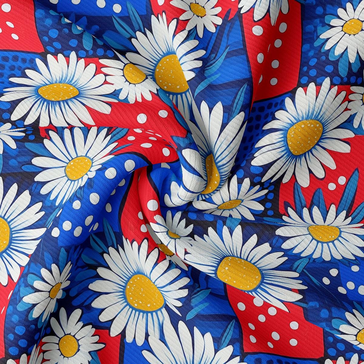 a red, white, and blue fabric with daisies on it