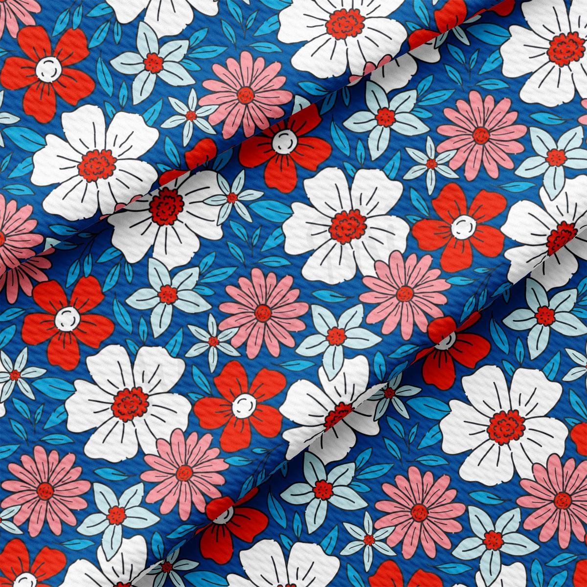 a red, white, and blue floral print fabric