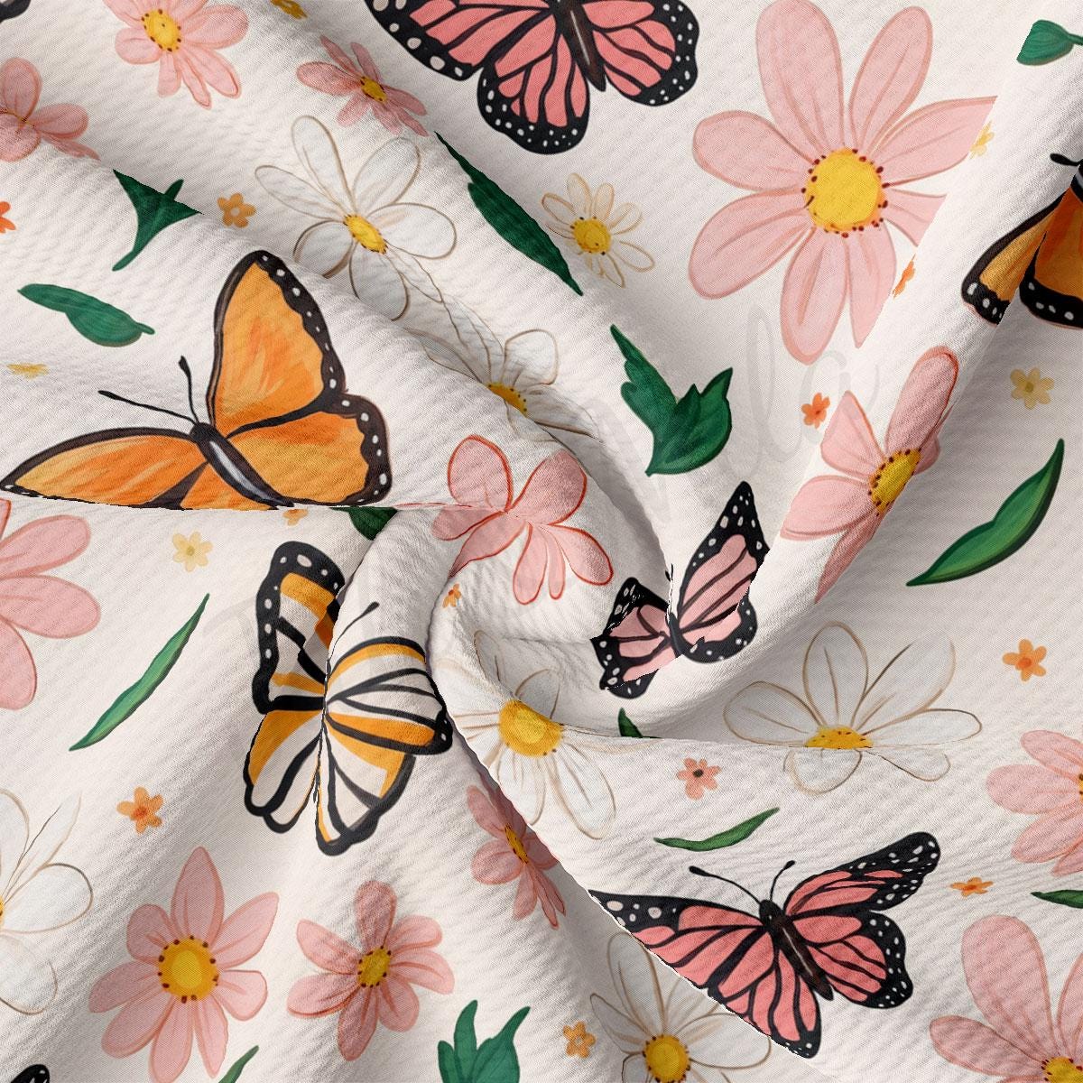a white background with pink and yellow butterflies