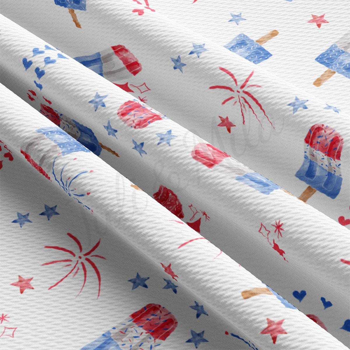 a white background with red, white, and blue designs