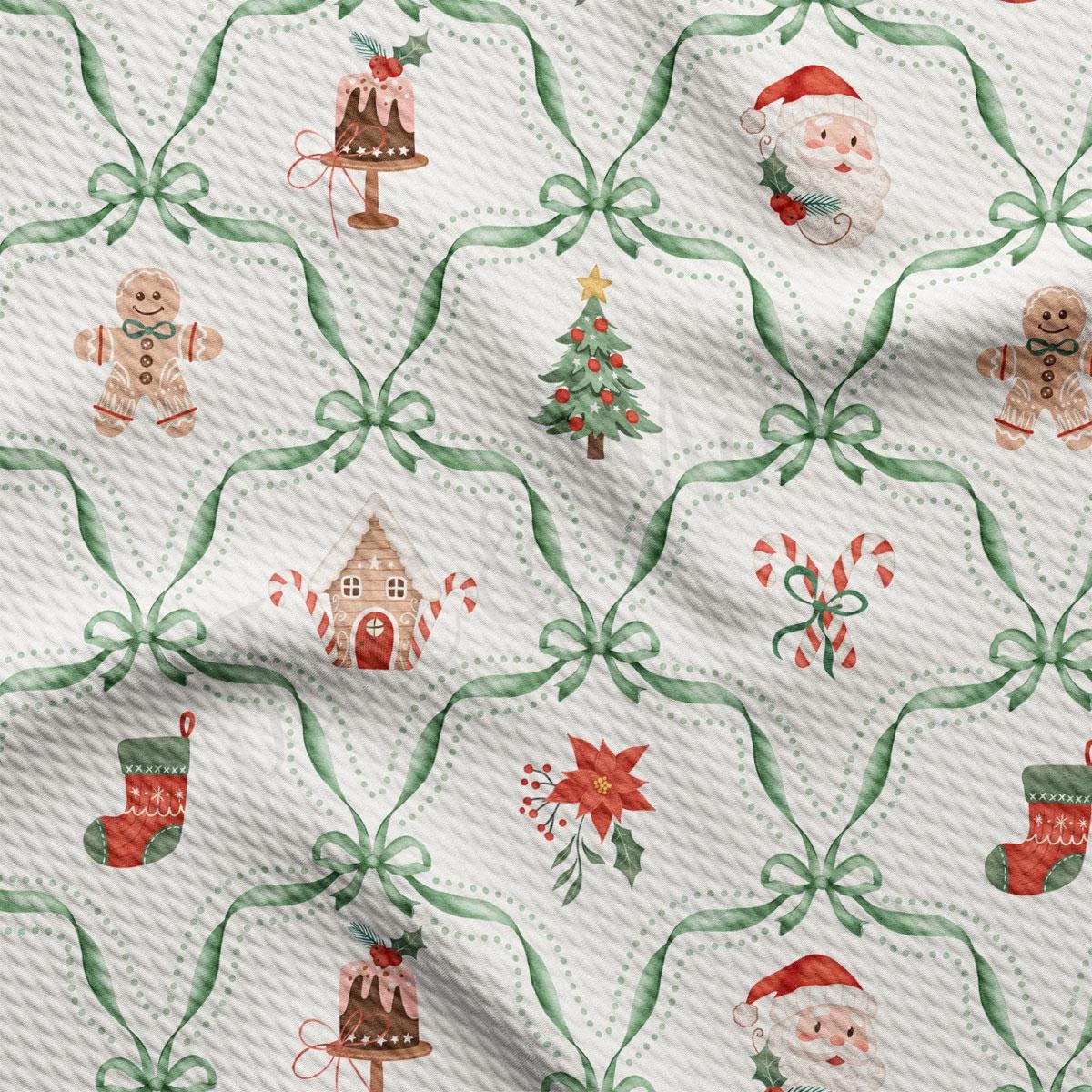 a repeating pattern of Christmas-themed illustrations, including a gingerbread man, a Christmas tree, a Santa Claus figure, candy canes, a poinsettia, a stockings, and a Santa hat.