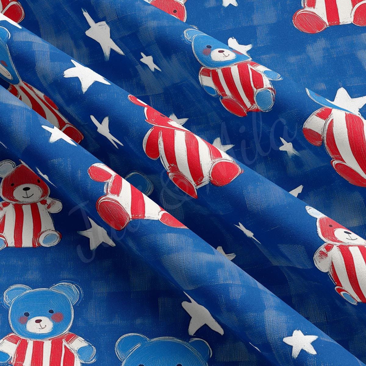 a blue background with red, white and blue teddy bears