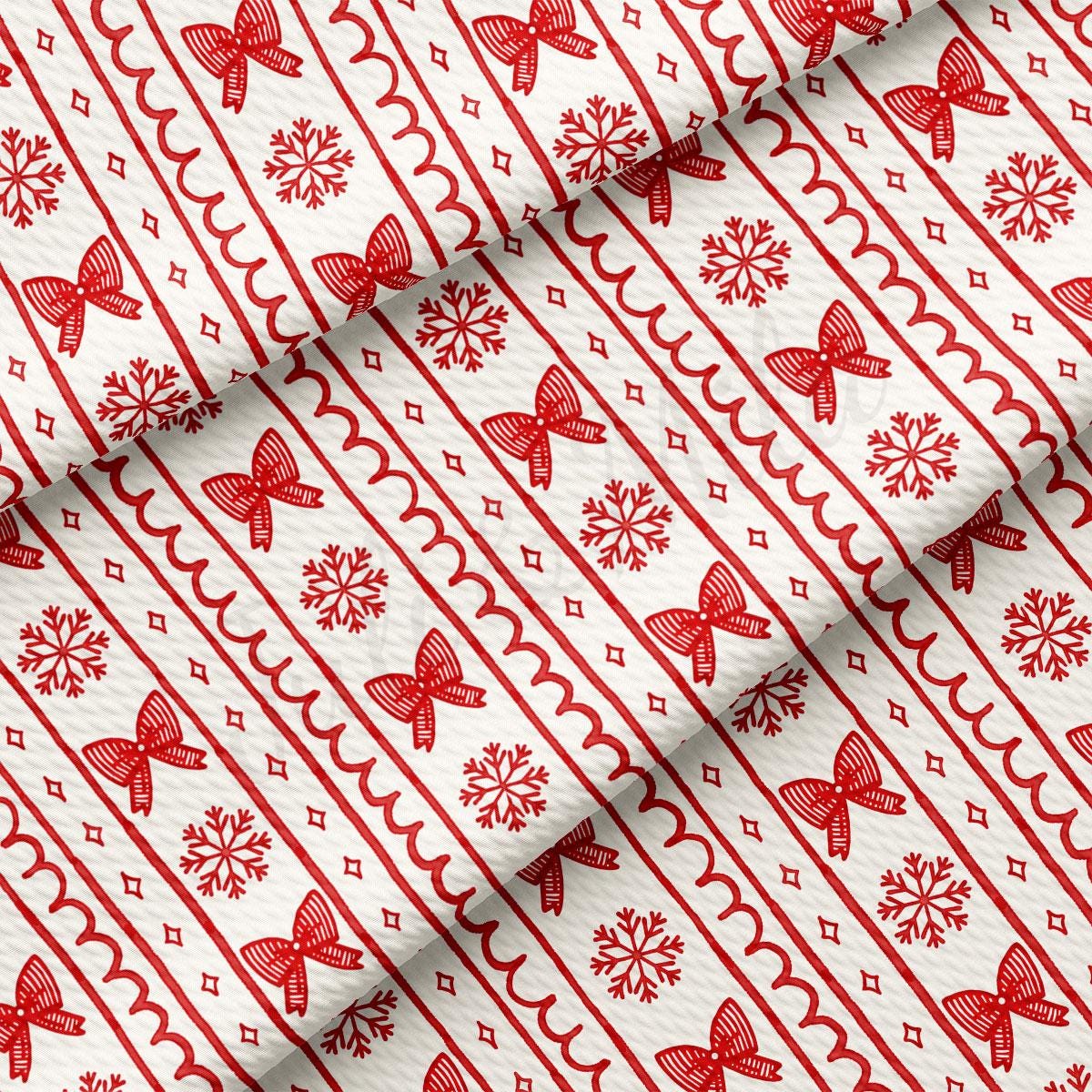 a repeating pattern of red bows and snowflakes on a white background.