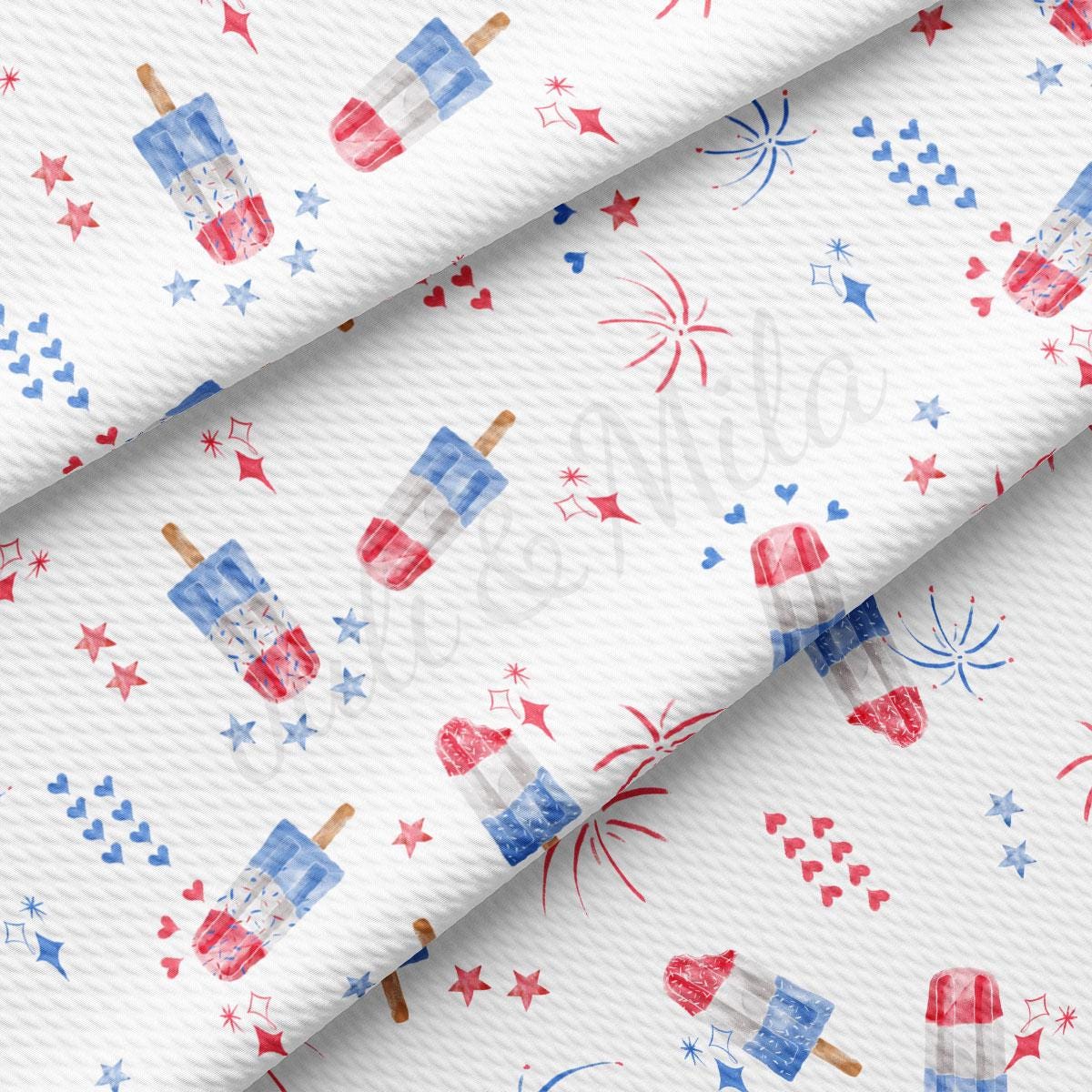 a white background with red, white and blue fireworks