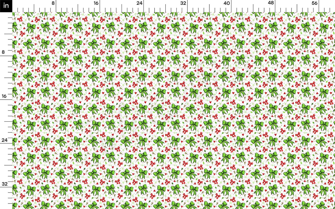 The image is a repeating pattern of green and red bows on a white background.