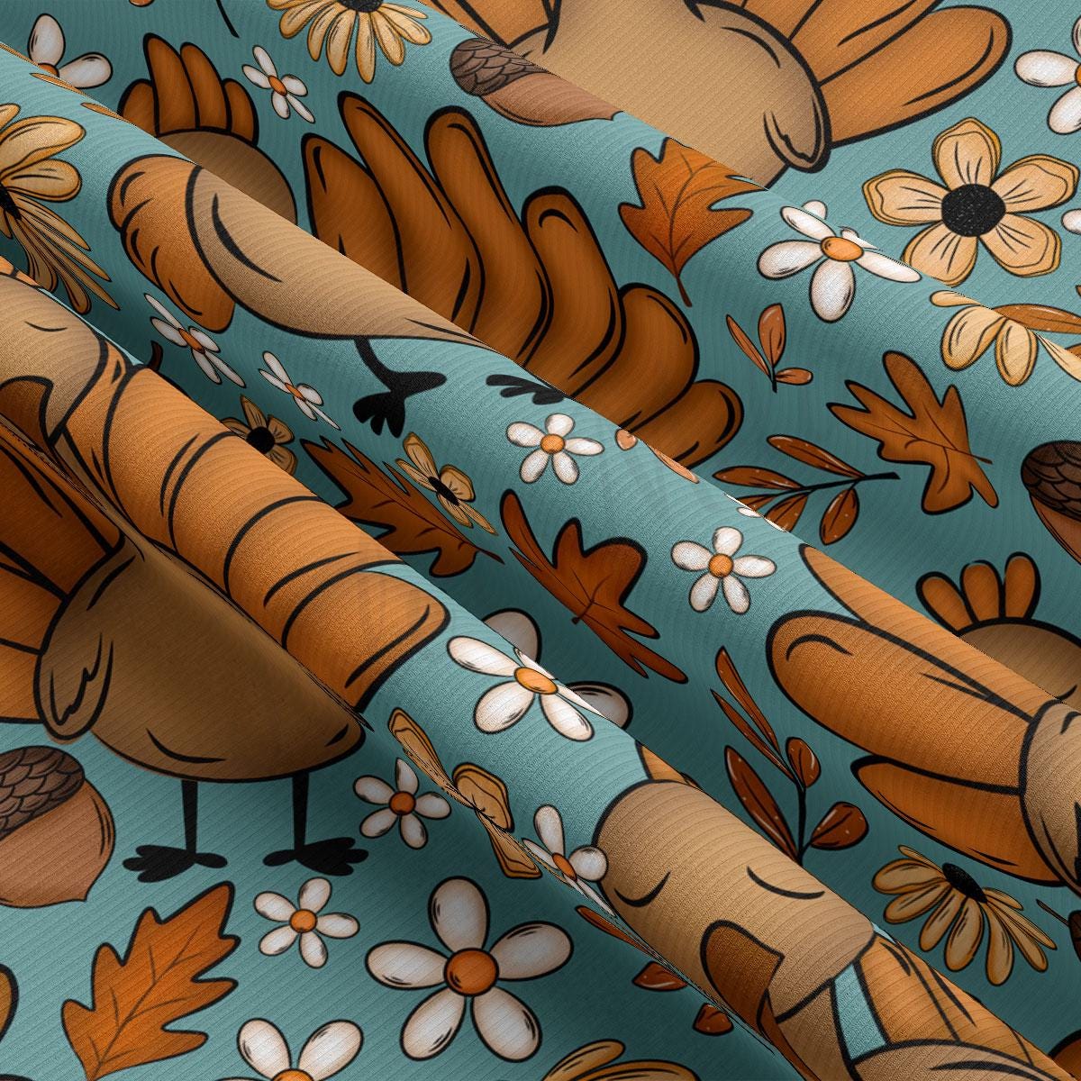 The image is a close-up of a fabric with a repeating pattern of turquoise background, brown and white flowers, and brown and orange birds.