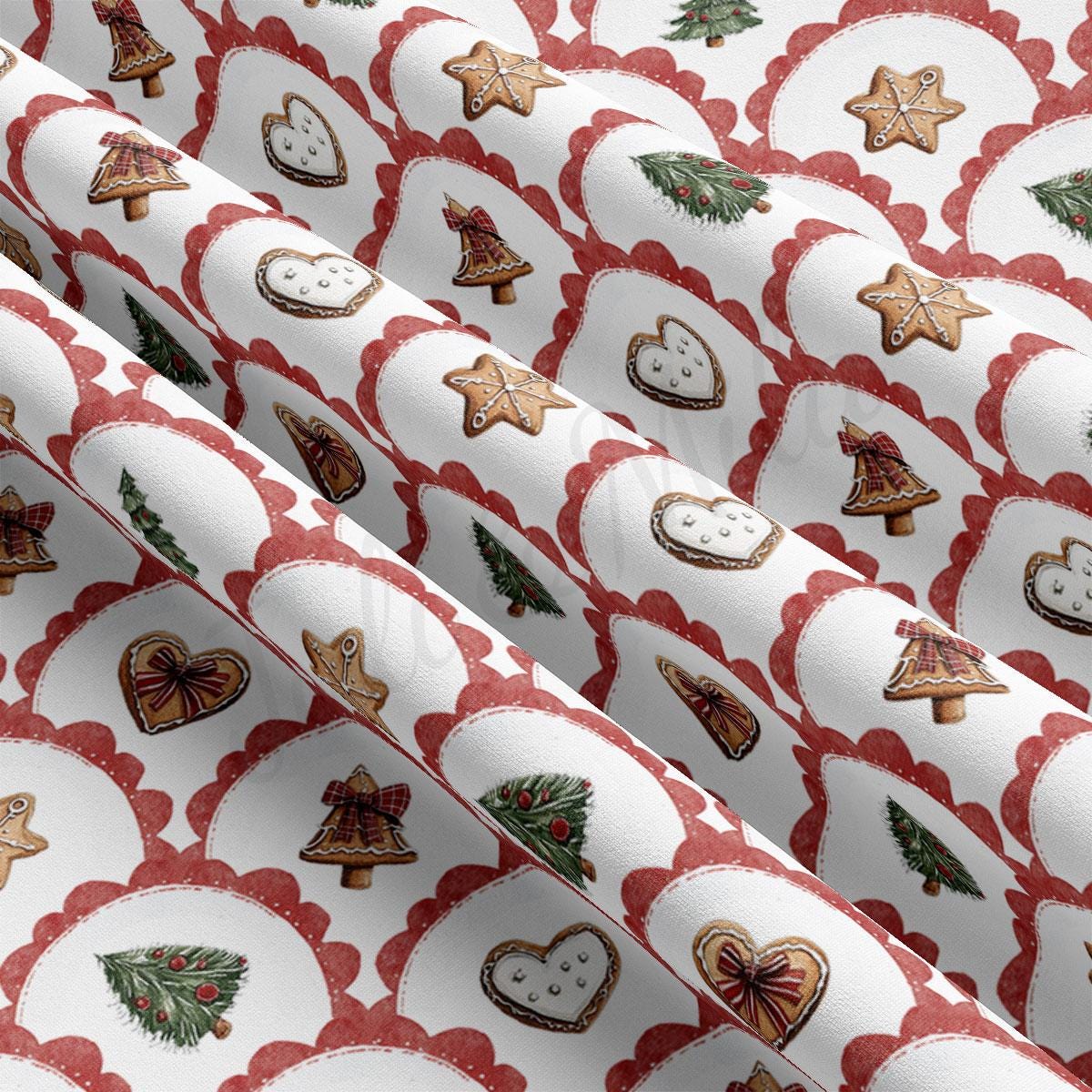 a close-up view of a fabric with a repeating pattern of Christmas-themed decorations, including gingerbread men, stars, and trees.