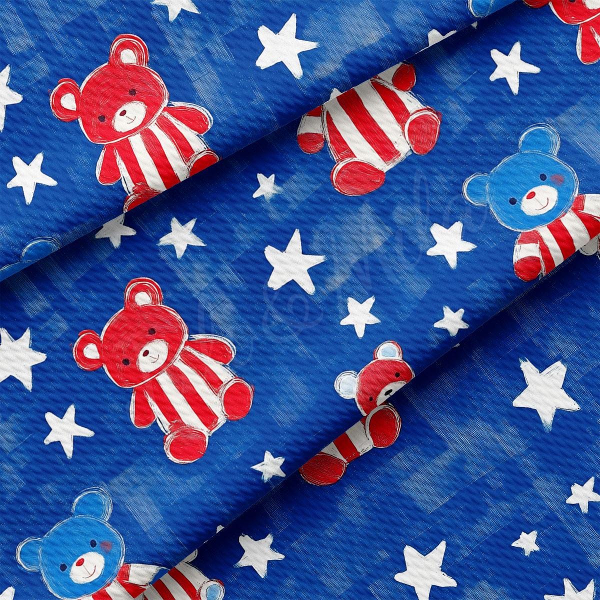 a blue background with red and white teddy bears and stars