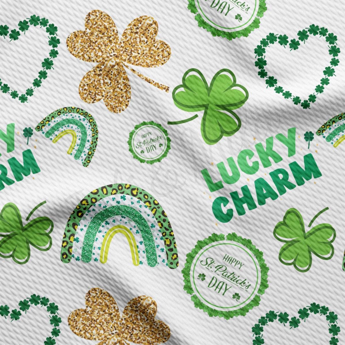 a white background with green shamrocks and lucky charms