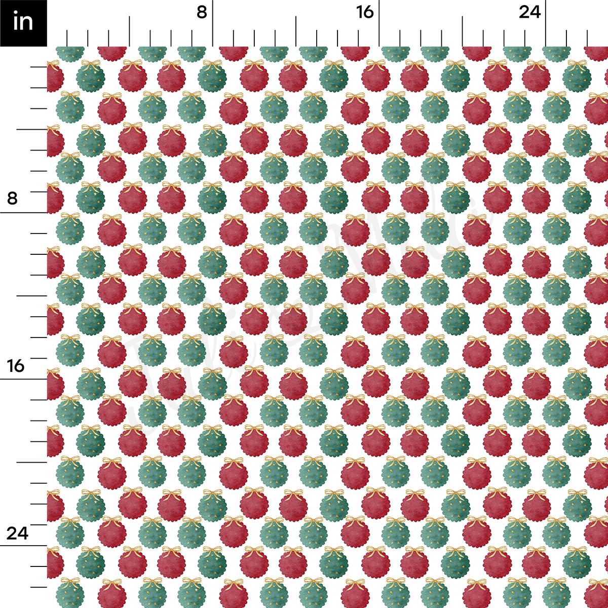 a repeating pattern of Christmas ornaments in red and green colors, arranged in a grid-like fashion.