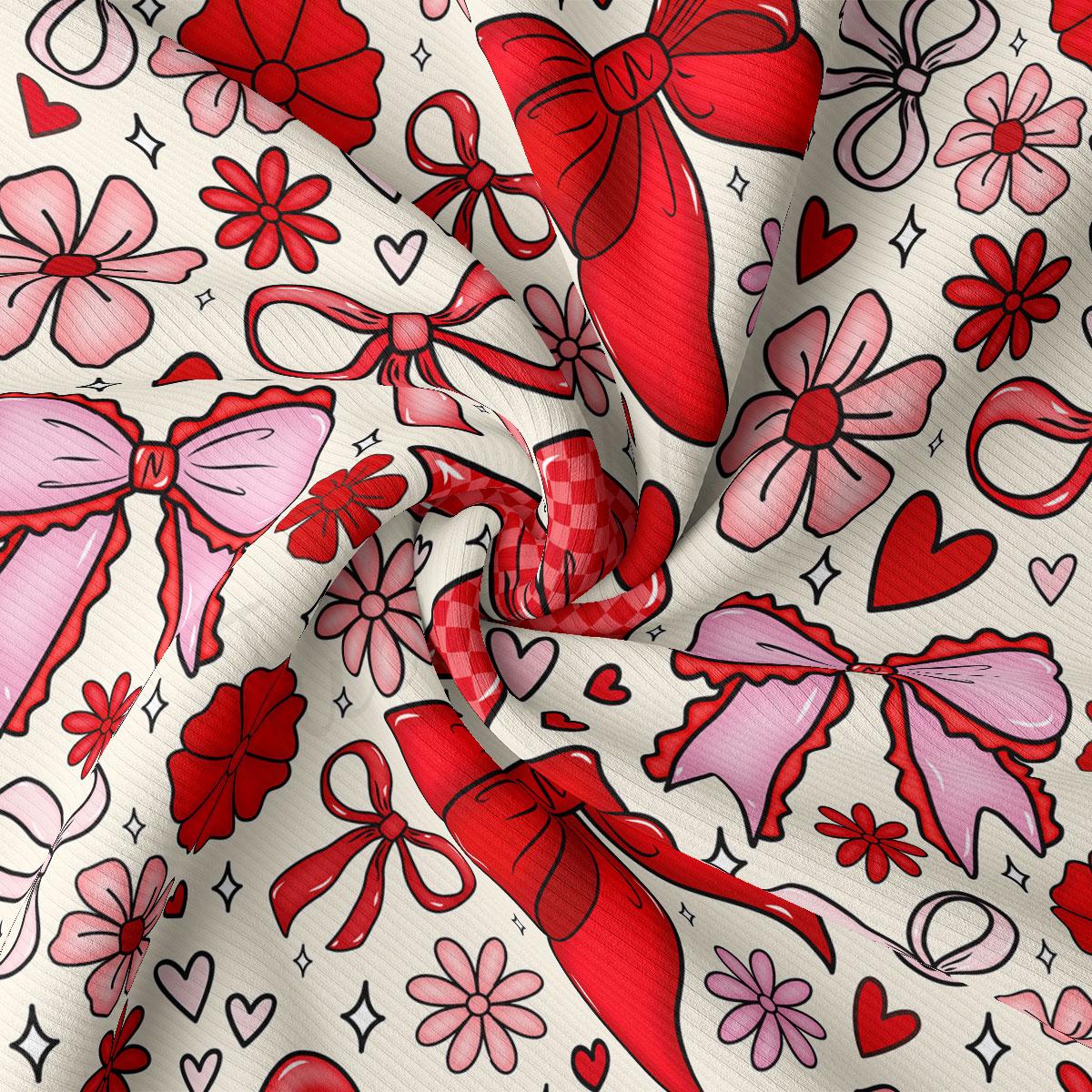 The image is a close-up of a fabric with a repeating pattern of red bows, flowers, hearts, and stars in various sizes and orientations.