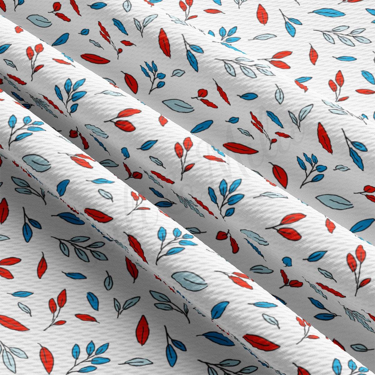 a white background with red, blue and green leaves