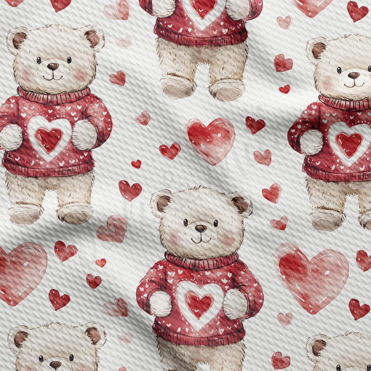 a repeating pattern of teddy bears wearing red sweaters with hearts on them, set against a background of hearts.
