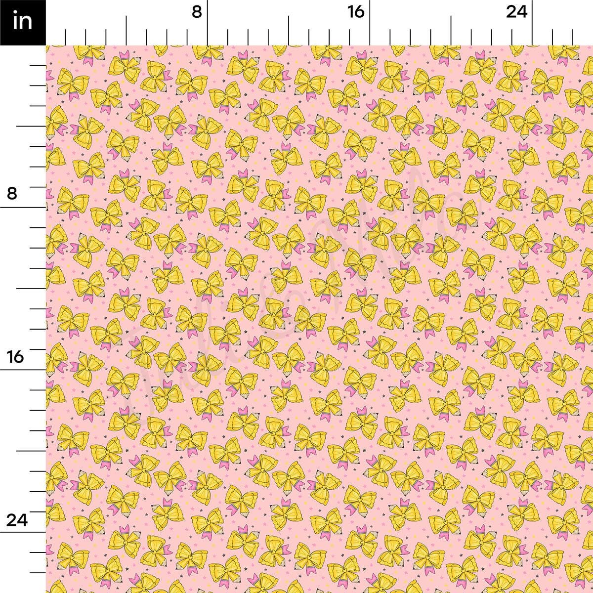 a repeating pattern of yellow and pink bows on a pink background.