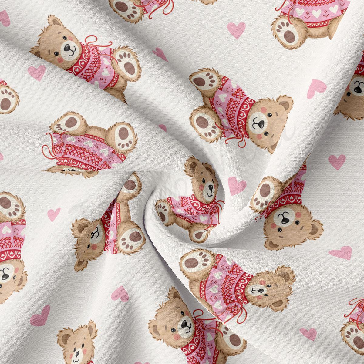 a repeating pattern of teddy bears wearing red sweaters and pink hearts on a white background.