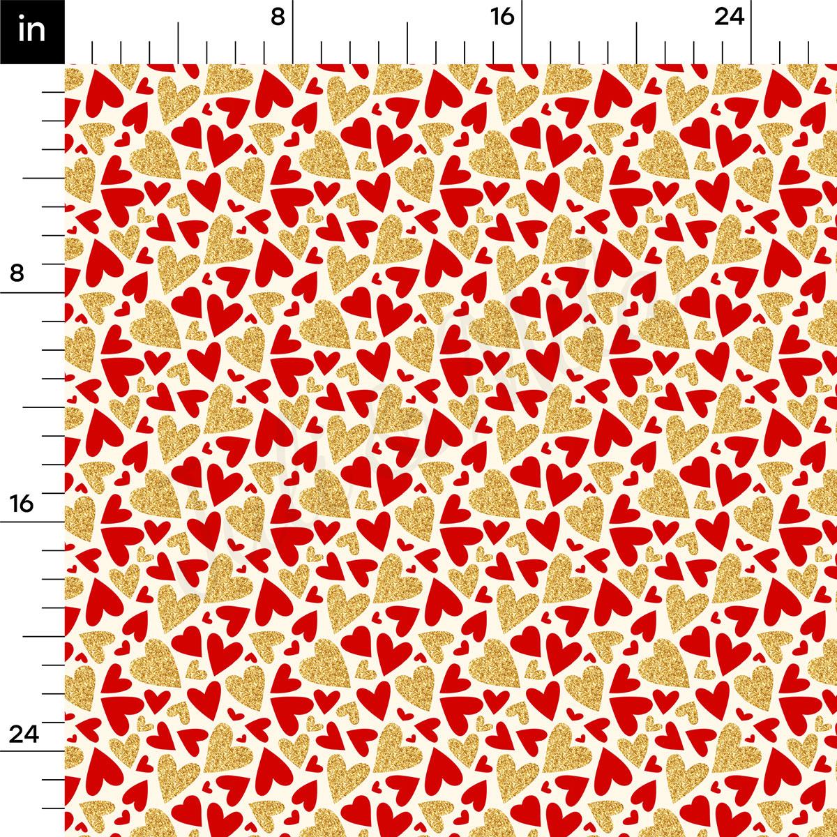 a repeating pattern of red hearts and gold hearts, creating a visually striking and vibrant design.