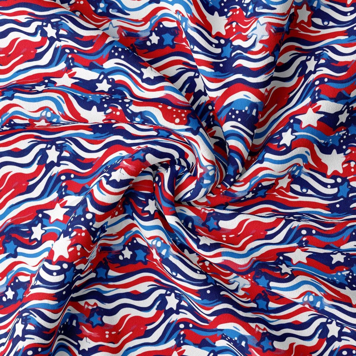 a red, white, and blue fabric with wavy lines