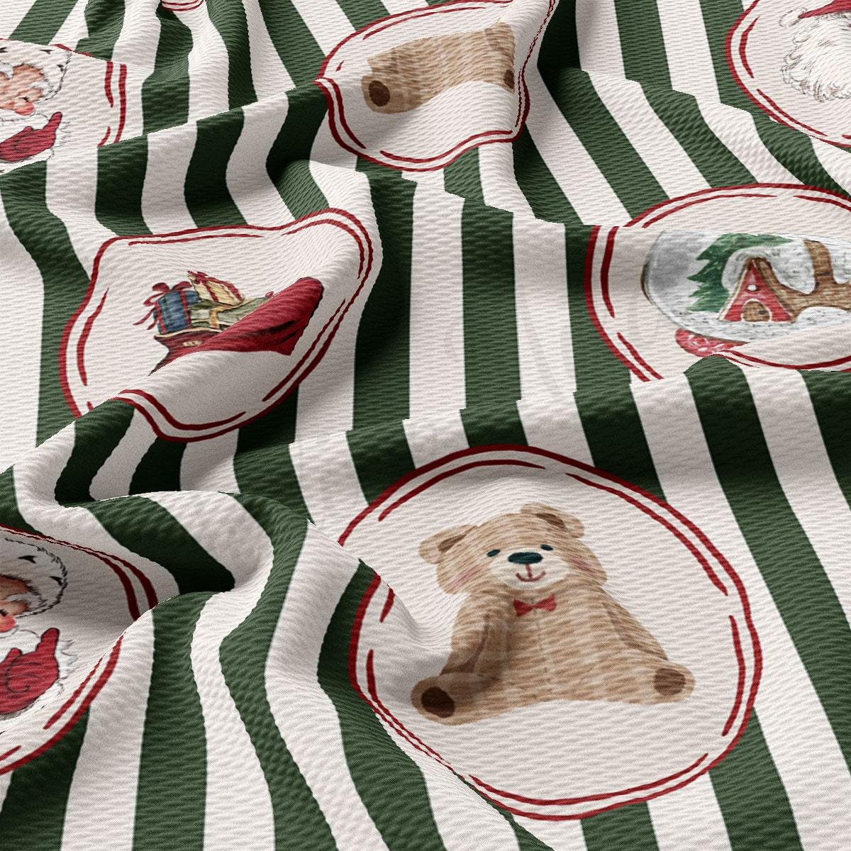 The image is a close-up of a fabric with a repeating pattern of green and white stripes, along with circular shapes containing illustrations of Santa Claus, a teddy bear, and other Christmas-themed designs.