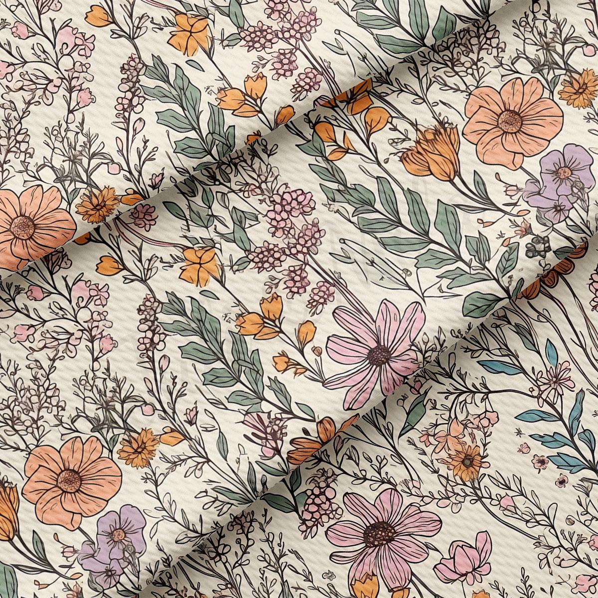 a close-up view of a fabric with a floral pattern. The pattern consists of various flowers and leaves in different colors, including pink, orange, and green. The flowers are arranged in a way that creates a visually appealing and intricate design. The fabric appears to be made of a soft, light-colored material, which complements the vibrant colors of the flowers.