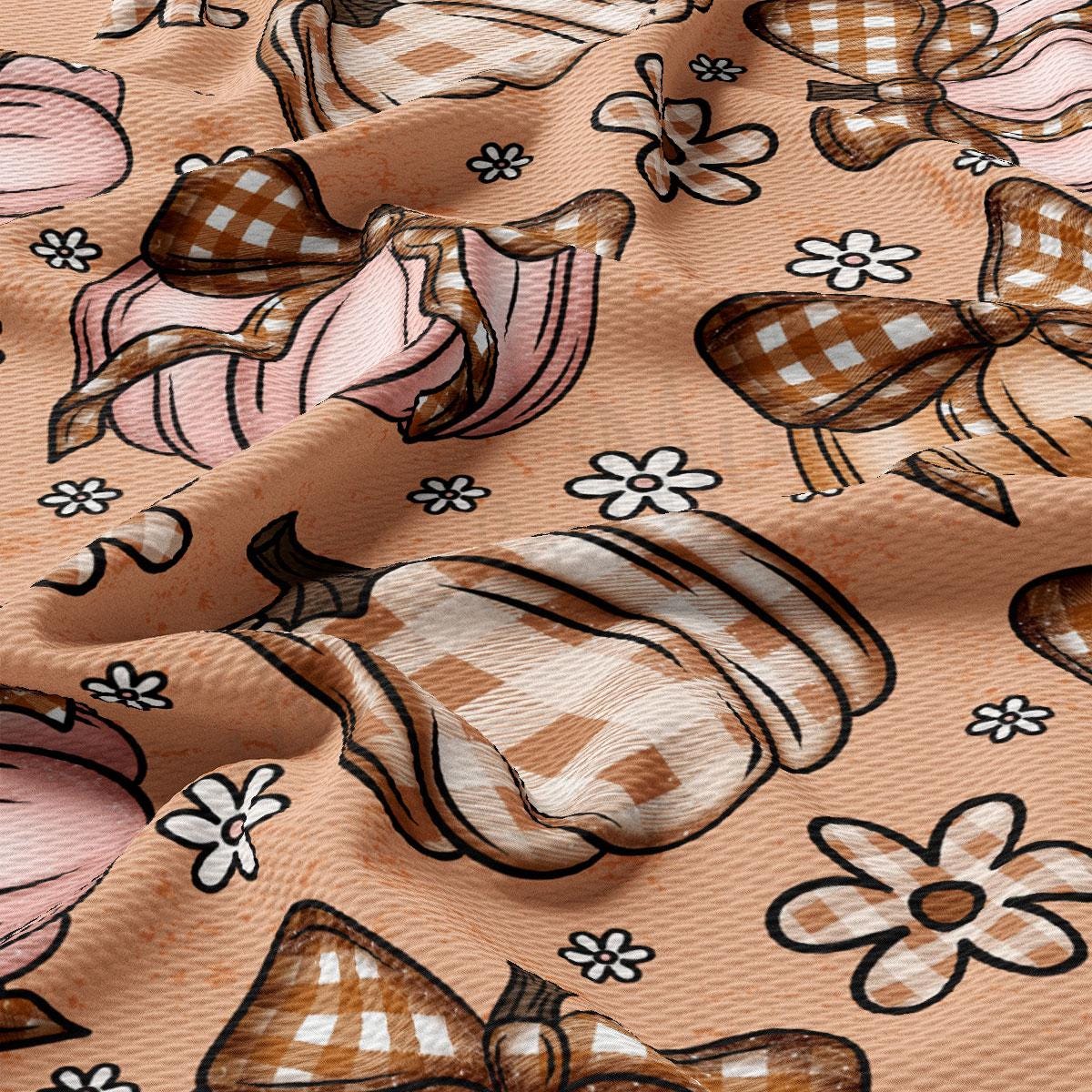 a close-up view of a fabric with a repeating pattern of brown and white checkered designs, along with small white flowers scattered throughout.