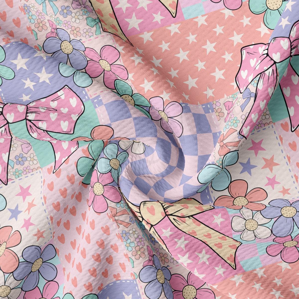 a pink, blue, and pink flowered fabric