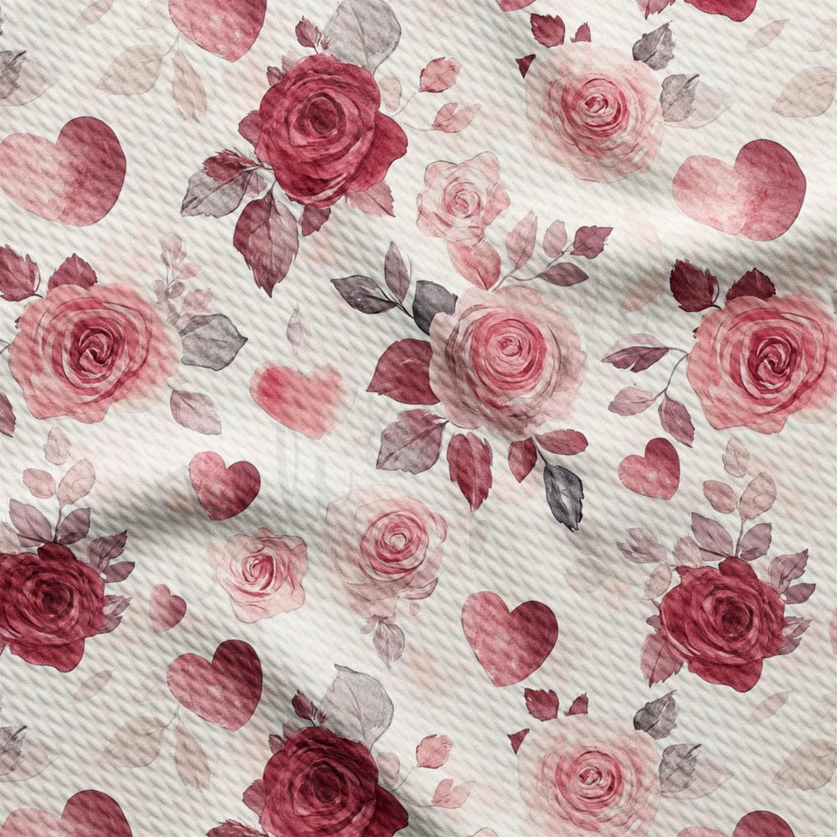 a repeating pattern of red roses and hearts on a light-colored background.