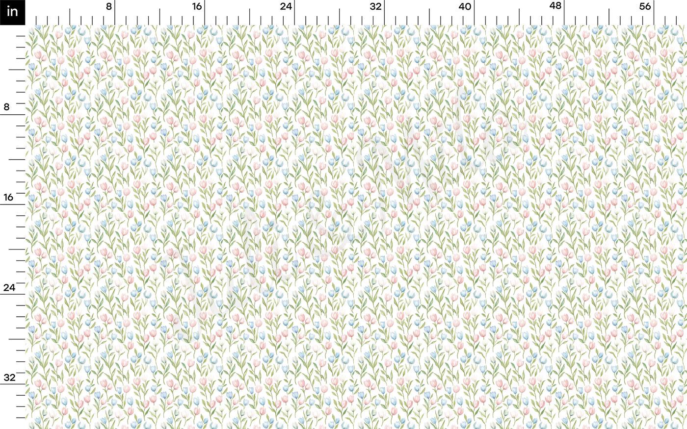 The image is a repeating pattern of small flowers in shades of pink, blue, and green. The pattern is arranged in a grid-like fashion, with each flower being a small, identical image. The image does not contain any text or other discernible objects, and the flowers are evenly spaced throughout the entire image.