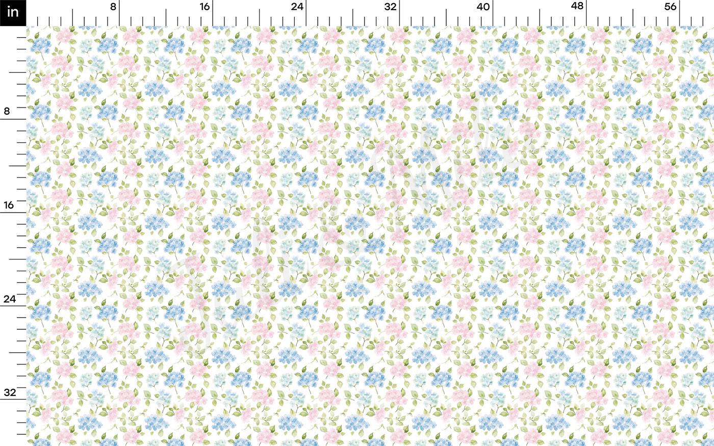 The image is a repeating pattern of blue and pink flowers on a white background.