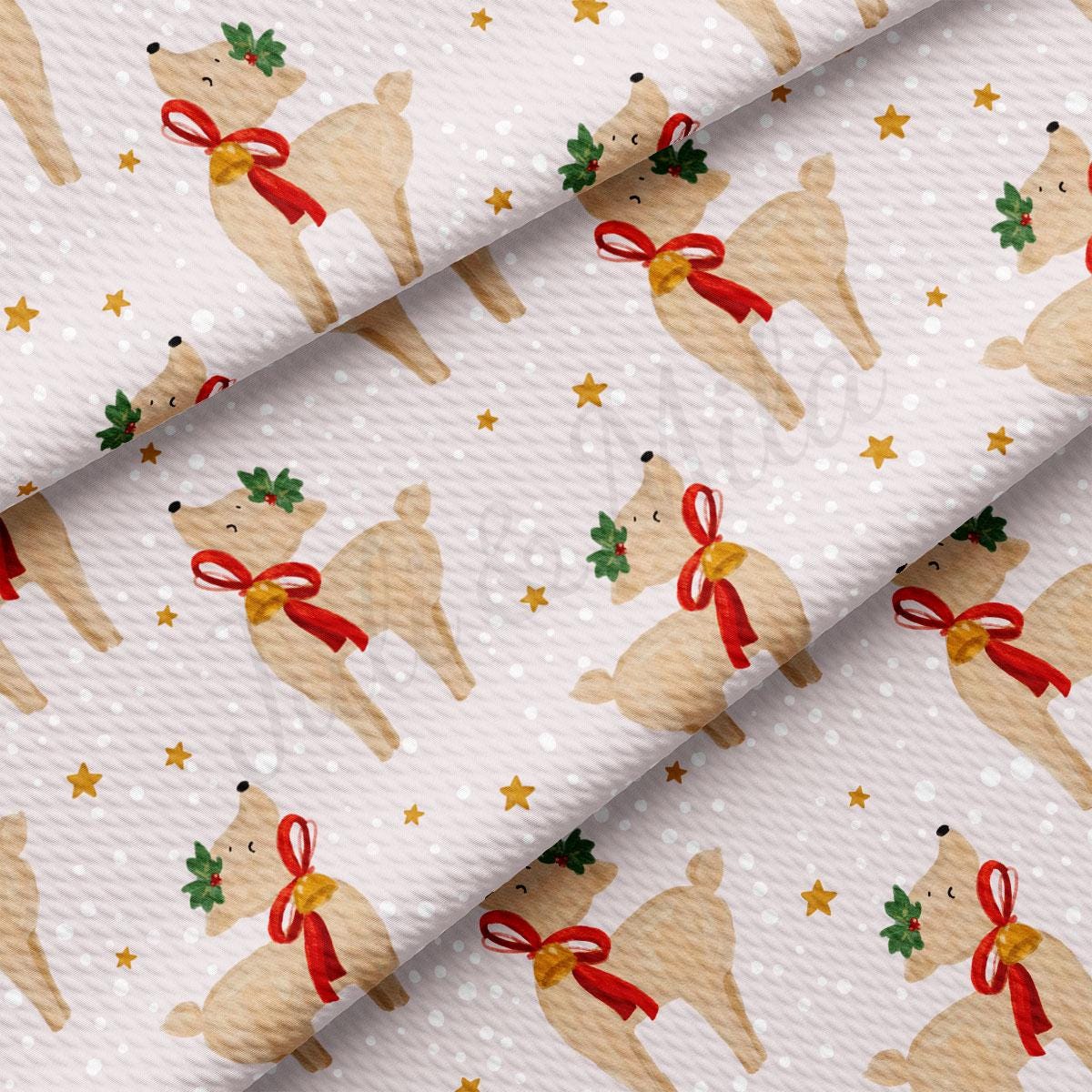 a repeating pattern of brown reindeer with red bows and green leaves, set against a white background with scattered gold stars.