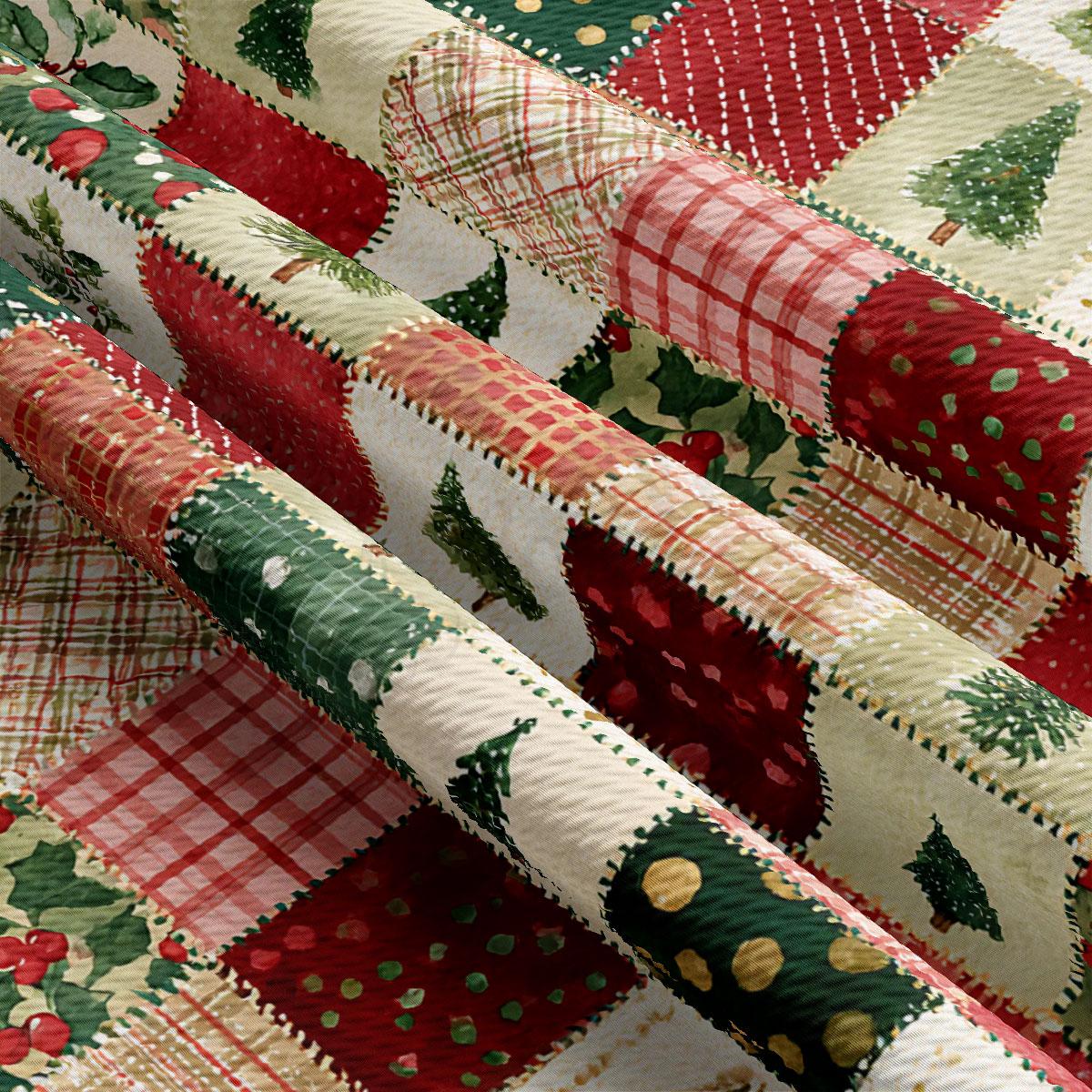The image is a close-up view of a patchwork quilt with a variety of colorful fabrics and patterns, including Christmas-themed designs such as trees, holly, and berries.