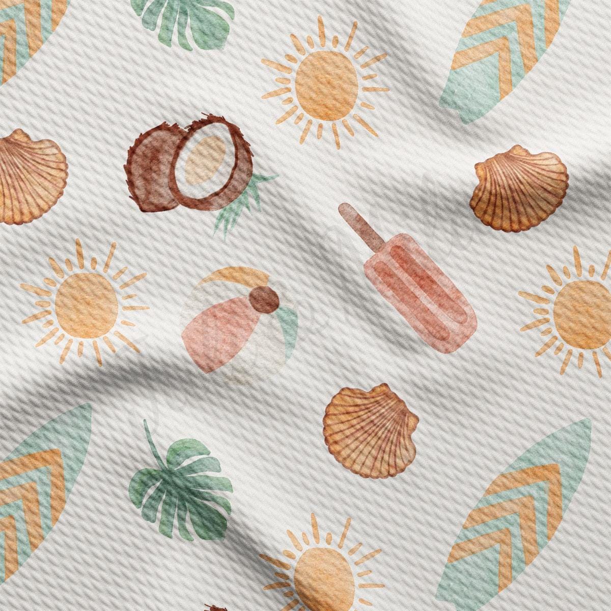 a pattern of shells and palm leaves on a white background