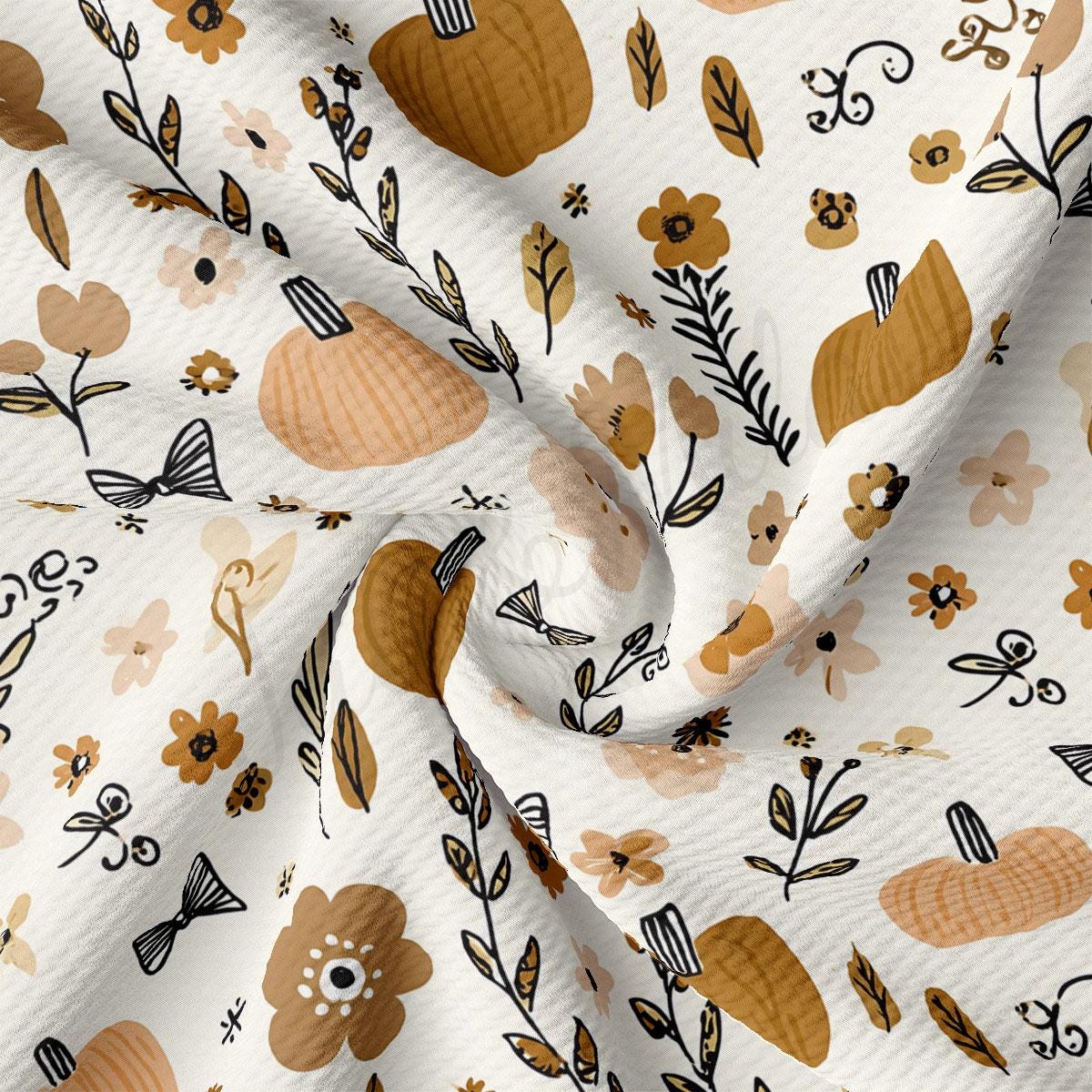 The image is a close-up of a fabric with a repeating pattern of pumpkins, flowers, and leaves in various shades of brown and beige.