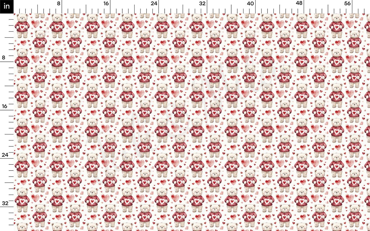 a repeating pattern of teddy bears wearing red sweaters and hearts, arranged in a grid-like fashion.