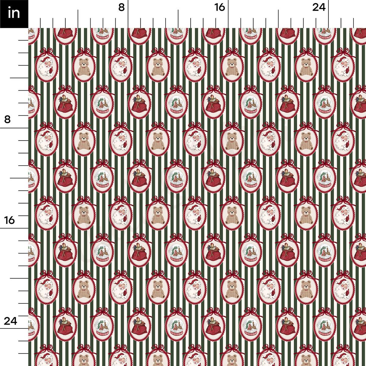 The image is a repeating pattern of Christmas-themed illustrations, including Santa Claus, teddy bears, and snowflakes, all set against a background of green and white stripes.