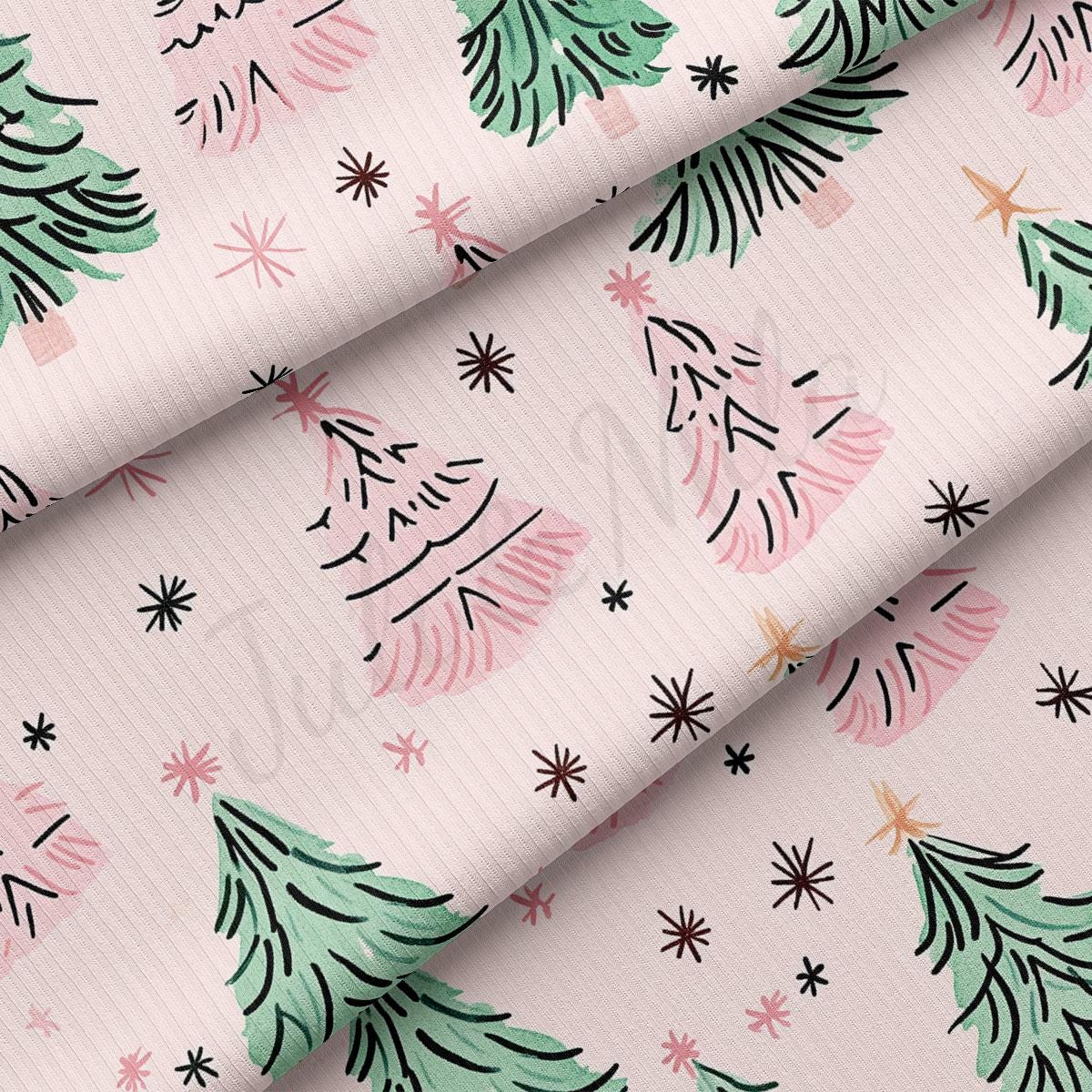 a repeating pattern of stylized Christmas trees and stars on a light pink background.
