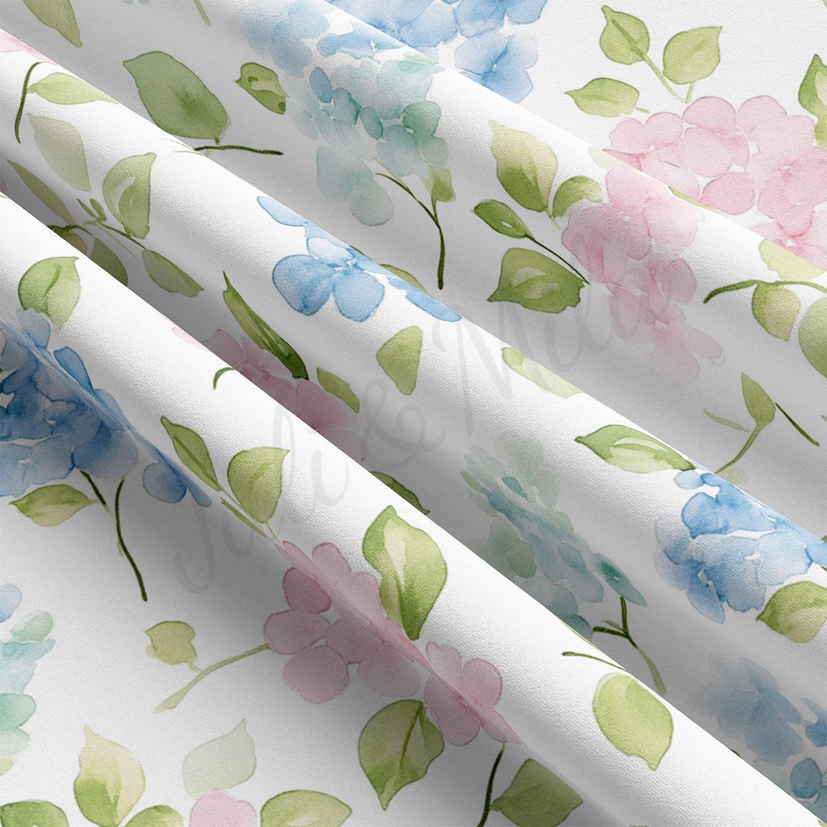 a close-up view of a fabric with a floral pattern, including blue, pink, and green flowers and leaves.