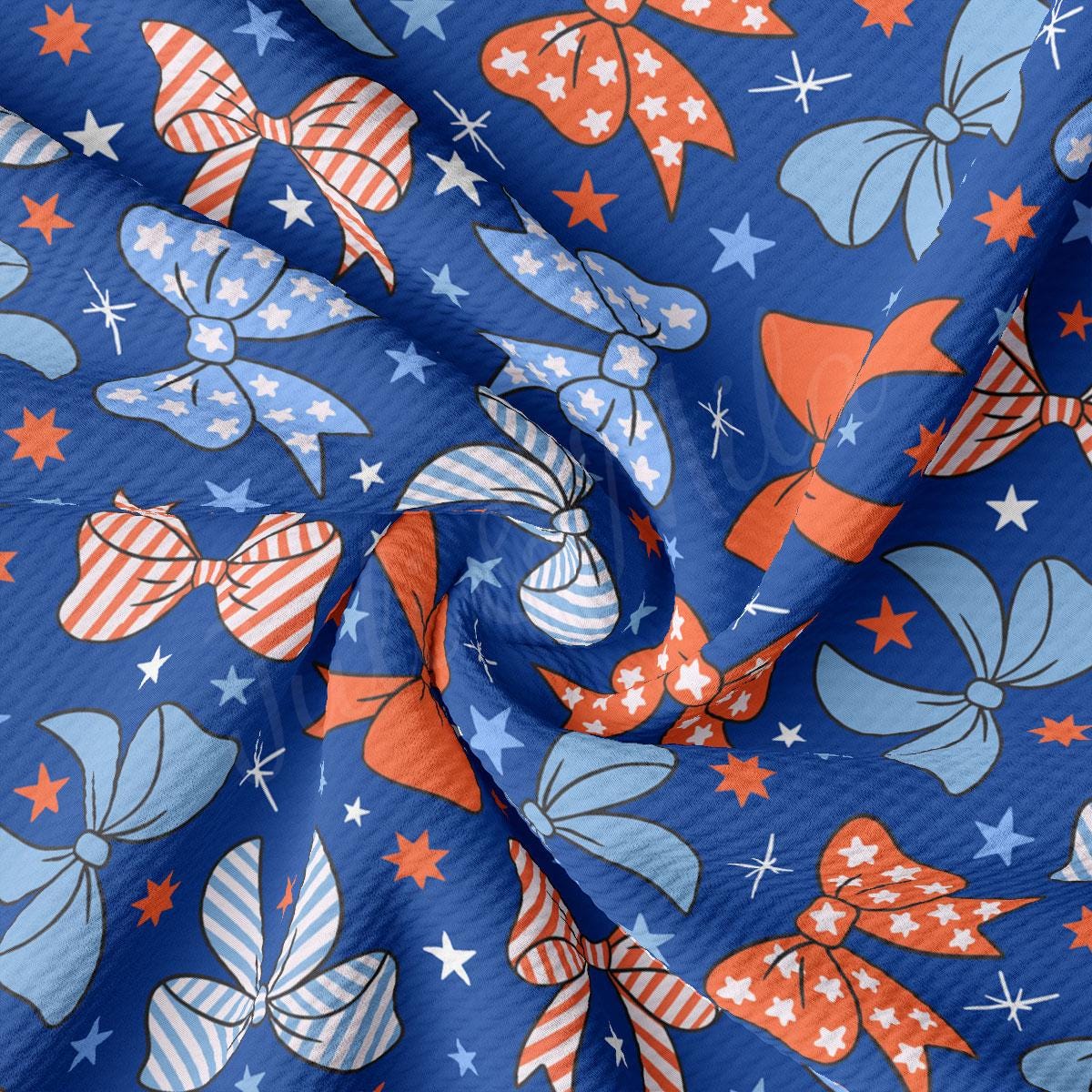 a blue background with red, white and blue bows