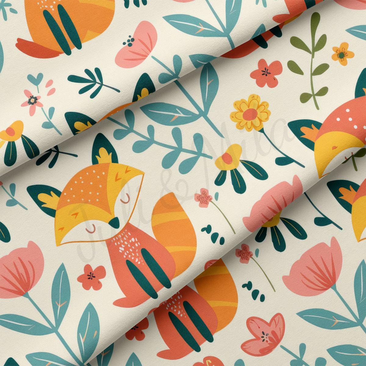 a close up of a fabric with a fox and flowers pattern